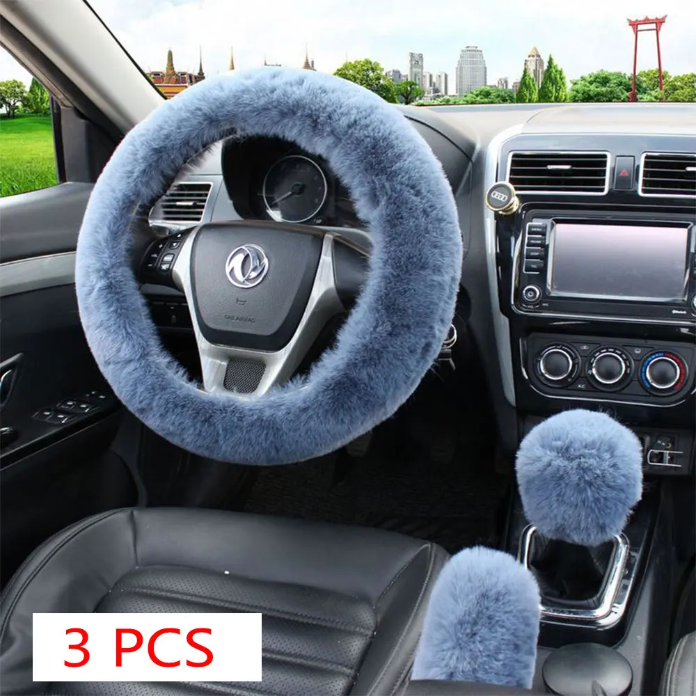 

3pcs/Set Warm Faux Wool Steering Wheel Cover 38cm Fur Fluffy Thick Auto Car Steering Wheel Plush Cover Soft Wool Car Decoration