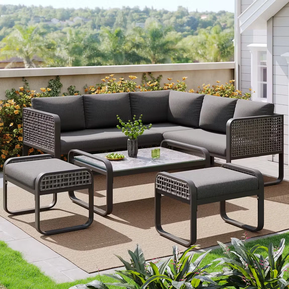 Modern Luxury Garden Furniture Set L Shape Sectional Sofa Metal Frame Rope Garden Corner Sofa Outdoor Furniture Set