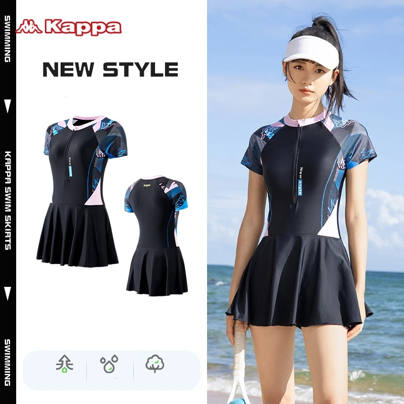 Women One Piece Professional WaterProof Surfing Paded Swim Skirt Short Sleeve Front Zipper Quick-Dry Athletic Beach SwimWear