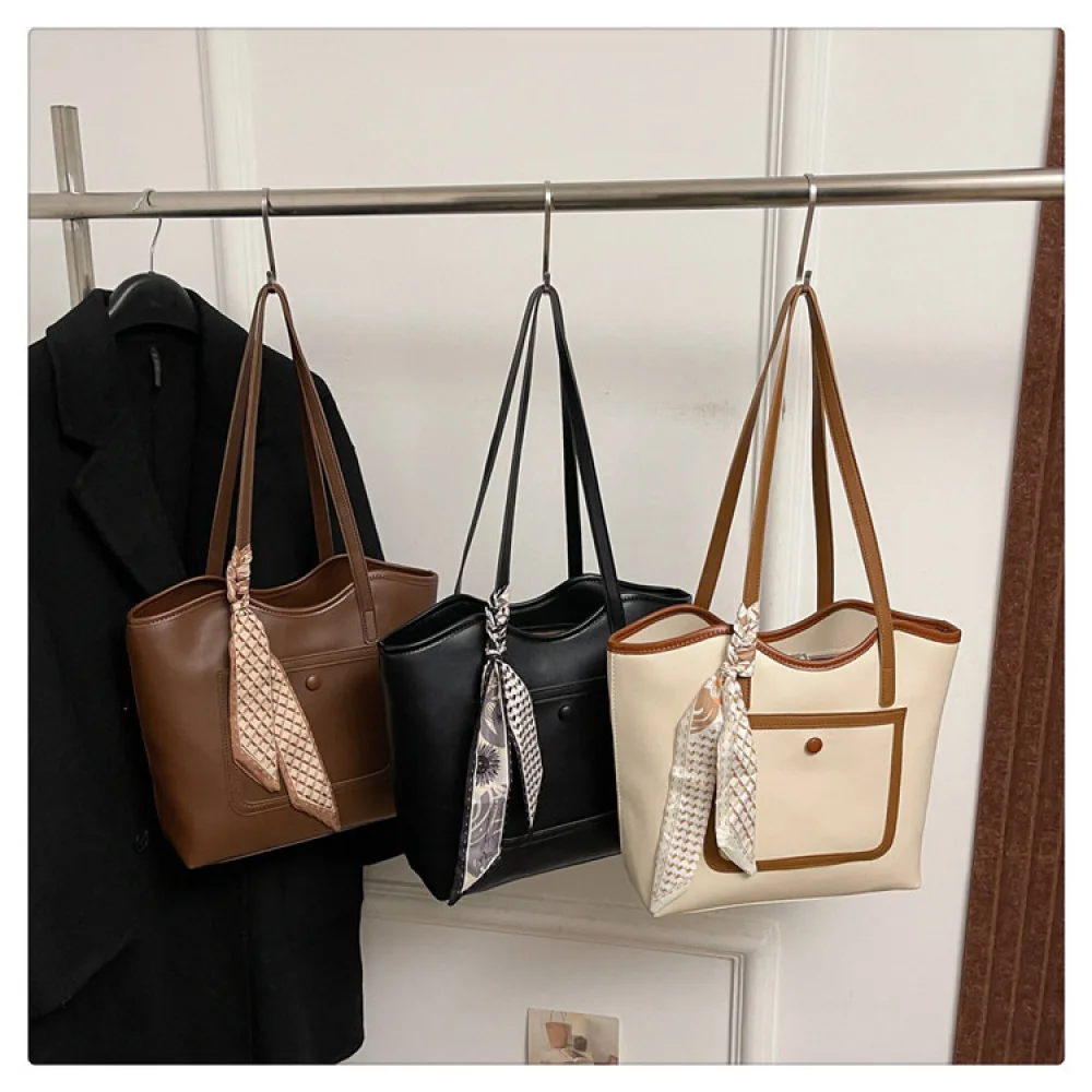 Practical Women Tote Bags Contrast Color Shoulder Handbag Large Capacity Vintage Commuter Purses Simple Casual Satchel