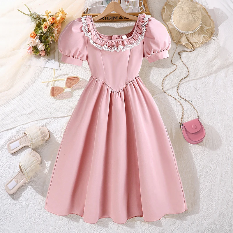 

Summer 8-12-year-old girl's dress is sweet and elegant, square collar, bubble sleeve, lace collar, pink long skirt and princess