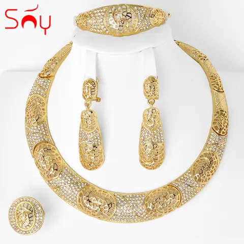 Sunny Jewelry Moda Gelin Düğün Seti Zirkon Klasik 24 Ayar Altın Kaplama Küpe Kolye Bileklik Yüzük 4 Parça Set Kadınlar İçin Hediye