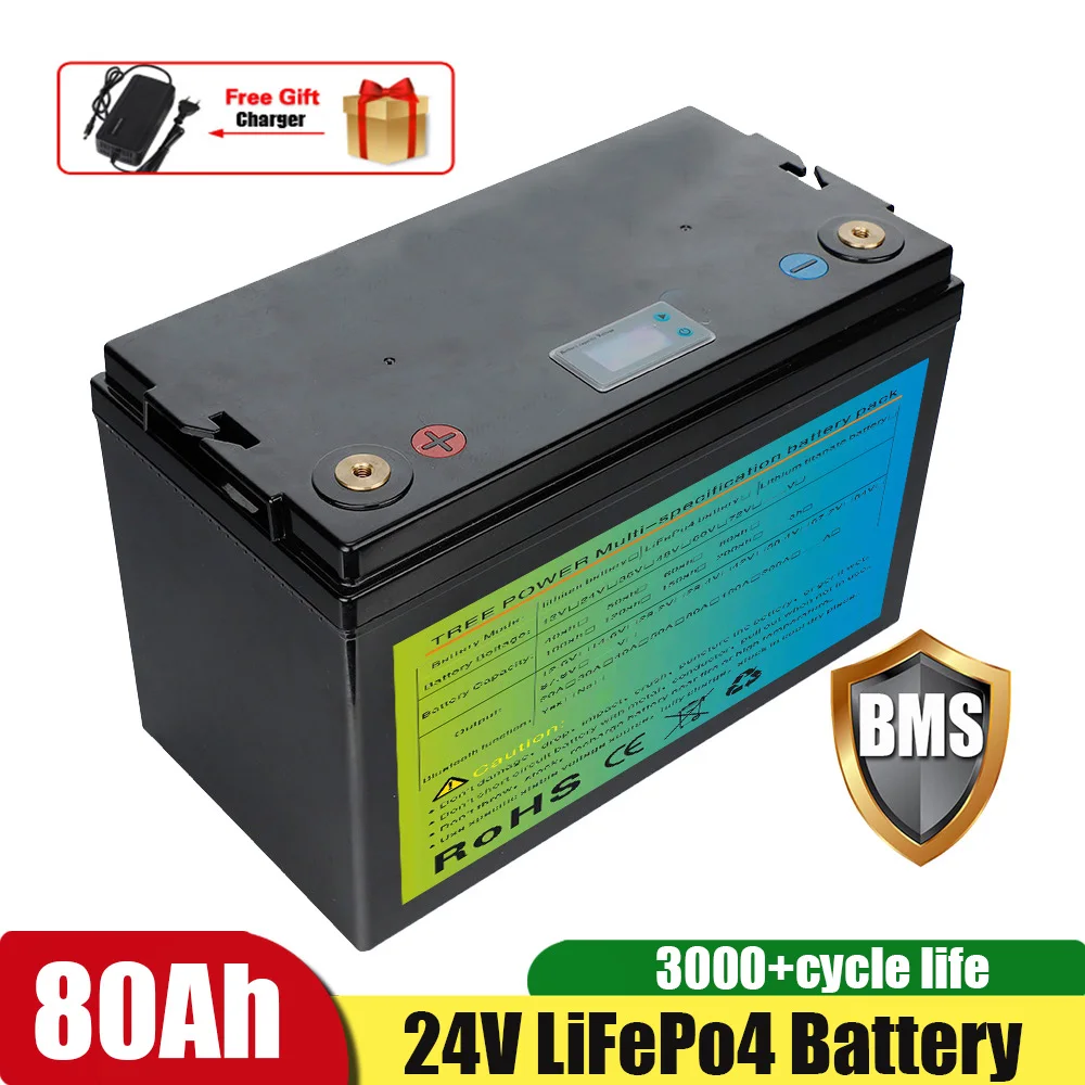 

24V 80Ah LiFepo4 Lithium Battery Pack Deep Cycle 3000 Times for Solar System Inverter RV Motorhome Boat+10A Charger