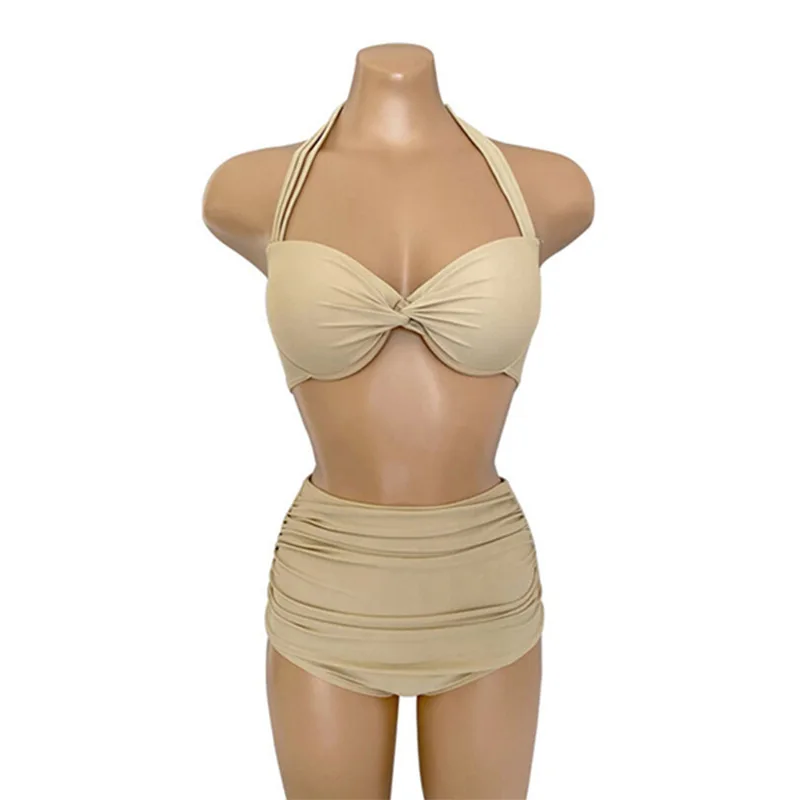 Nowe bikini z wysoką talią 2024 Kobiety Solidny plisowany seksowny kostium kąpielowy Halter Biquini Solid String Strój kąpielowy Push Up Bodysuit