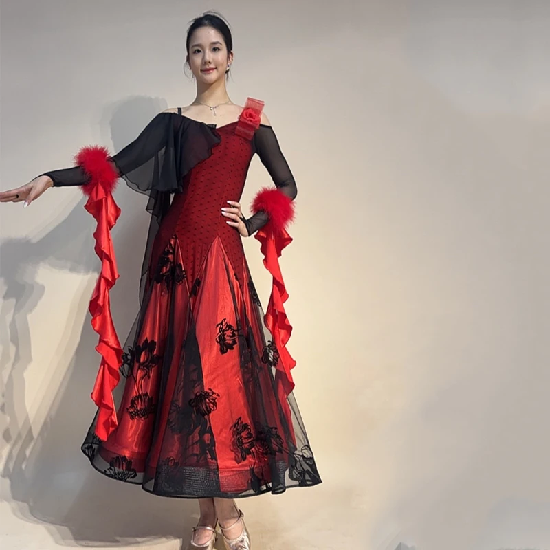 High End Print Ballroom Dance Competition Clothing For Women Sexy Backless Waltz Dress Big Swing Adult Modern Dance Dress XH5259