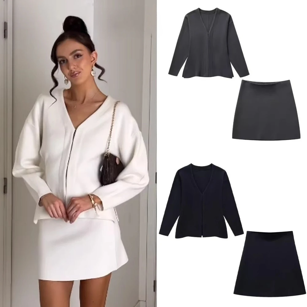 Women Knit Mini Skirt Sets for Women 2 Pieces Knit Coat Women Suits New Two Piece Set Women Outfit Streetwear Clothing