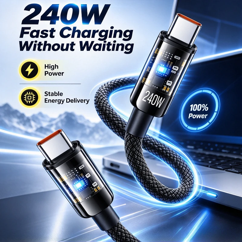 Cabo de carregamento super rápido de 240 W, com conector USB tipo C e revestimento em nylon, para Samsung, Xiaomi, Huawei e Honor, com visor digital LED e função de carregamento e transferência de dados USB C.