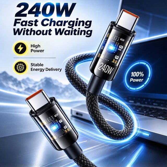 Cabo de carregamento super rápido de 240 W, com conector USB tipo C e revestimento em nylon, para Samsung, Xiaomi, Huawei e Honor, com visor digital LED e função de carregamento e transferência de dados USB C.
