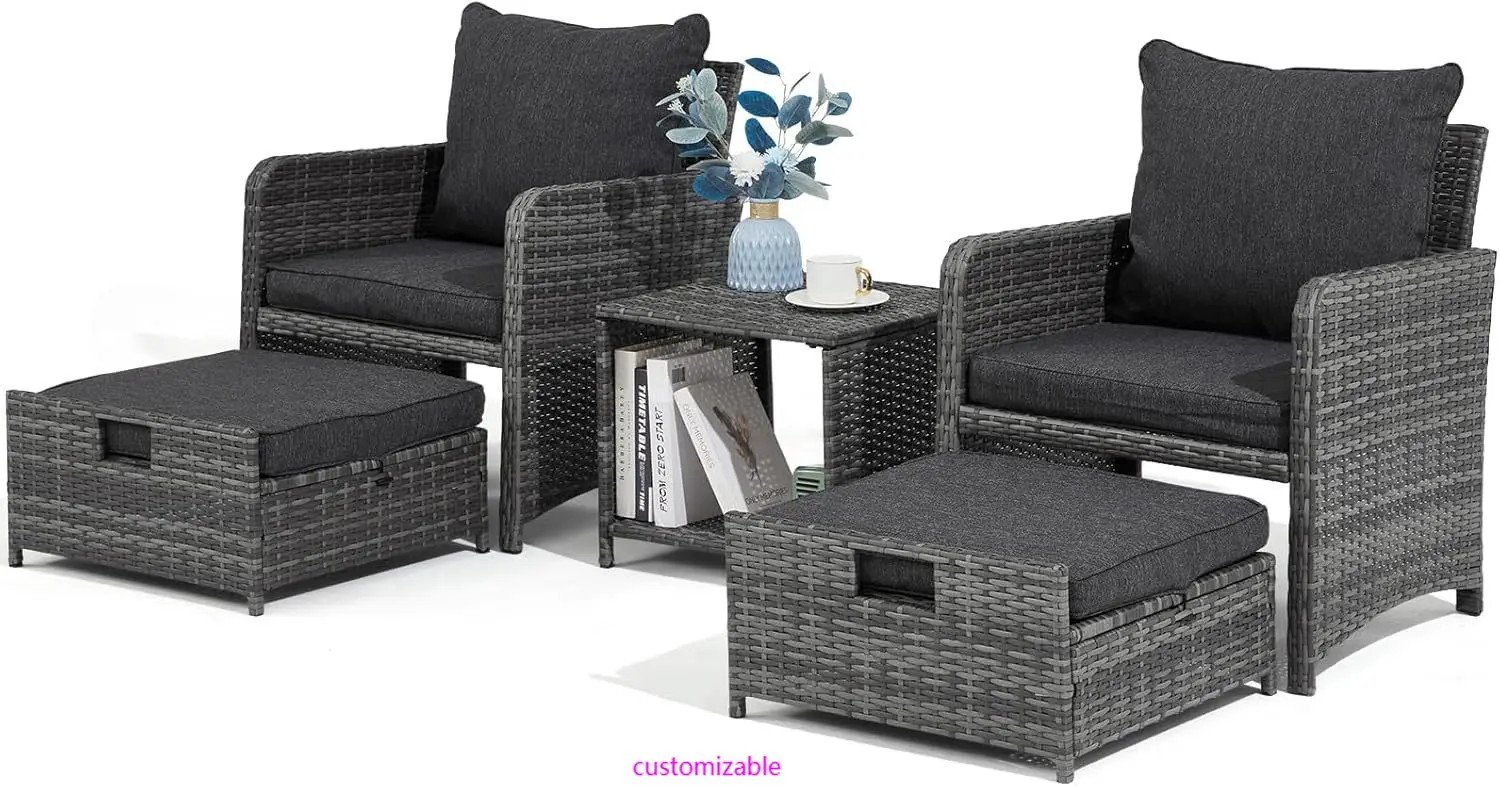 Patio Wicker Outdoor Furniture Set with Ottoman & Side Table