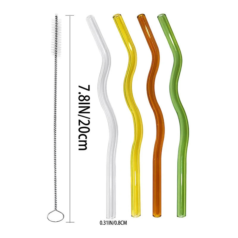 4Pcs Wavy Glass Straws Shatter Resistant, Colored Drinking Straws with 1 Cleaner Brush for Beverages Coffee Juice Cocktail Tea