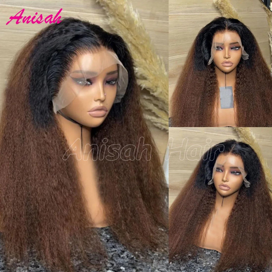 

Glueless Kinky Straight Human Hair Wigs Yaki Straight Ombre Brown Colored Lace Front Human Hair Wigs for Black Women