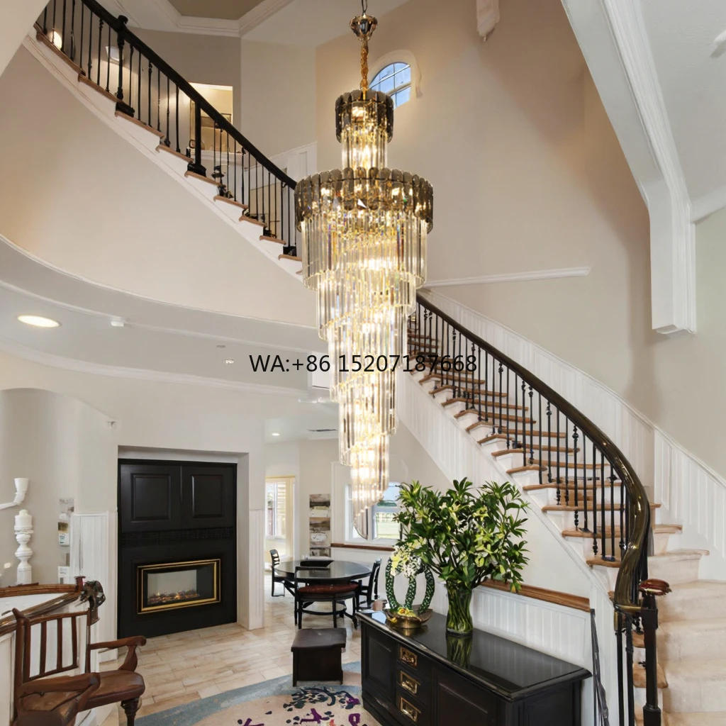 Modern Stair Ceiling Crystal Chandelier LED Hanging Lights Dining/Living Room Chocolate Iron 5000K Daylight 2-Year CRI80