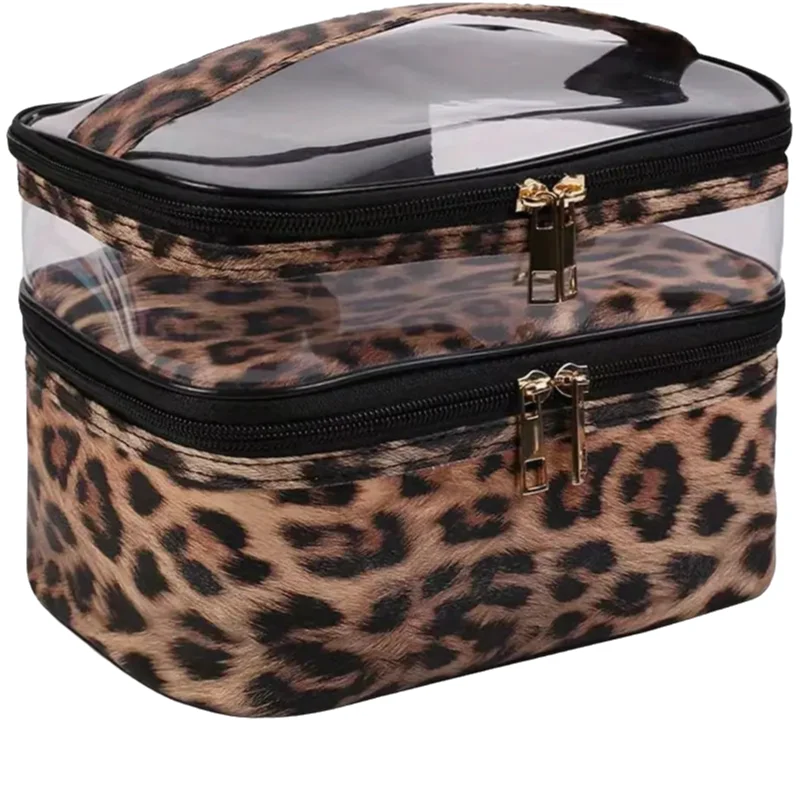 Leopard print PVC Transparent Double-Layer Makeup Bag Large Capacity Waterproof Toiletry Bag Portable Cosmetic Storage Bag
