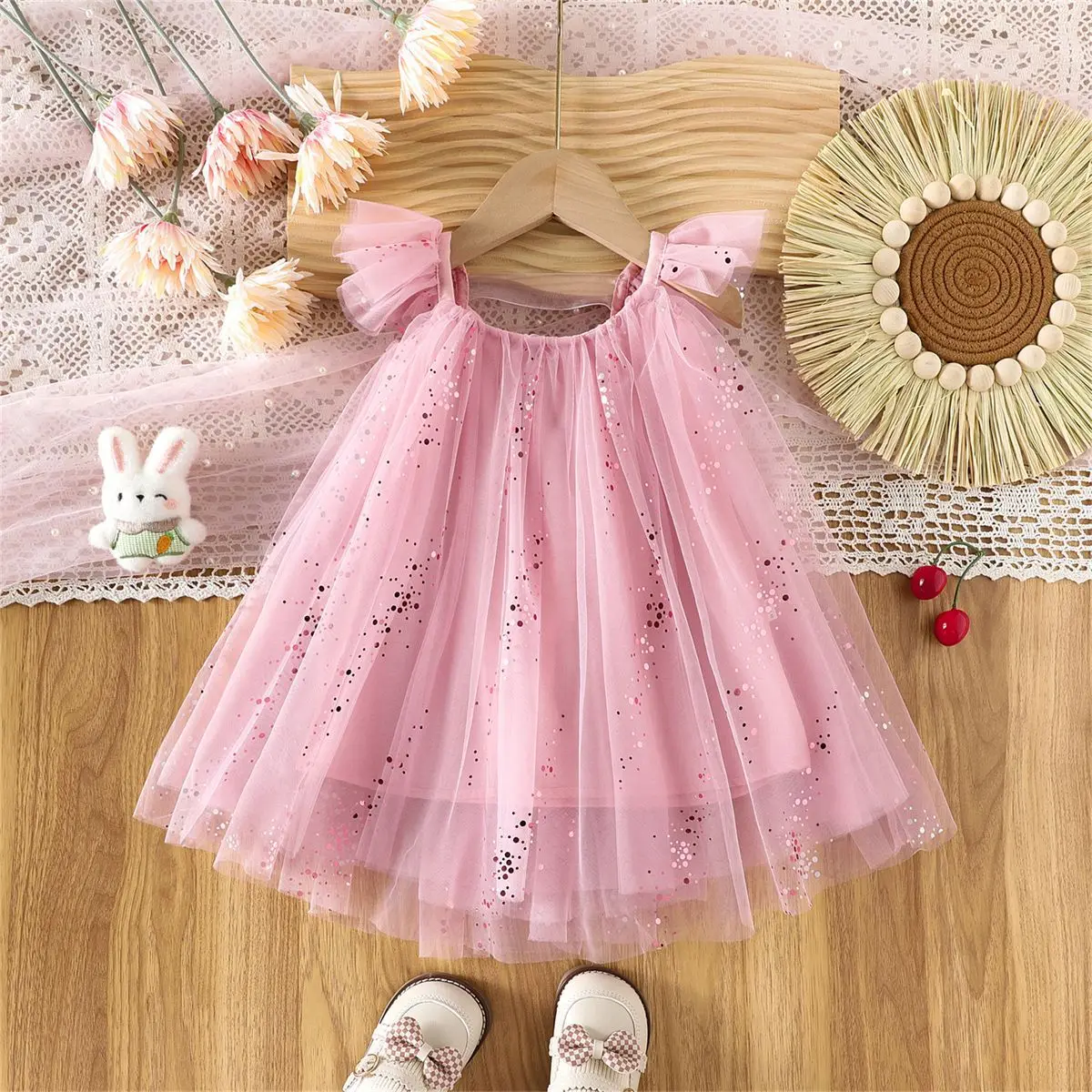 Korean Style Girls Suspender Dress 2026 Summer Kids Flutter Sleeve Mesh Breathable Daily Party Dress Children Clothes