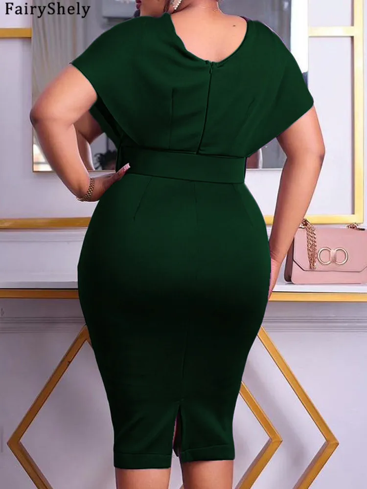 FairyShely 2025 Solidna sukienka z krótkim rękawem Plus Size Sexy Women Slim Fit Large Big Dresses Lady V Neck Party Tight Curvy Dress