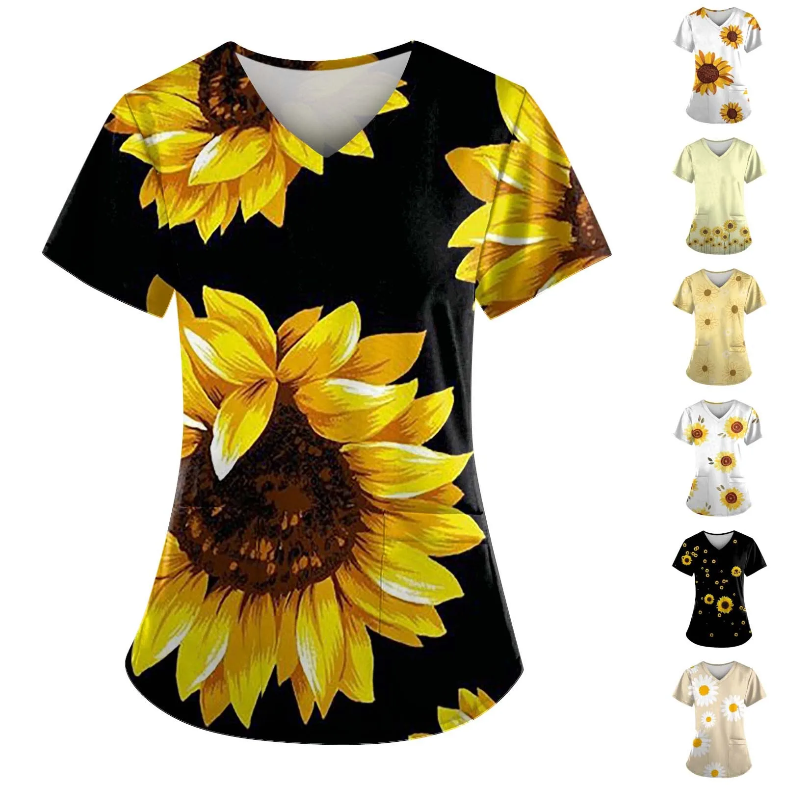 Vêtements de travail à manches courtes et col en v pour femmes, haut de gommage avec poches, imprimé tournesol, uniformes de soins infirmiers pour clinique d'hôpital