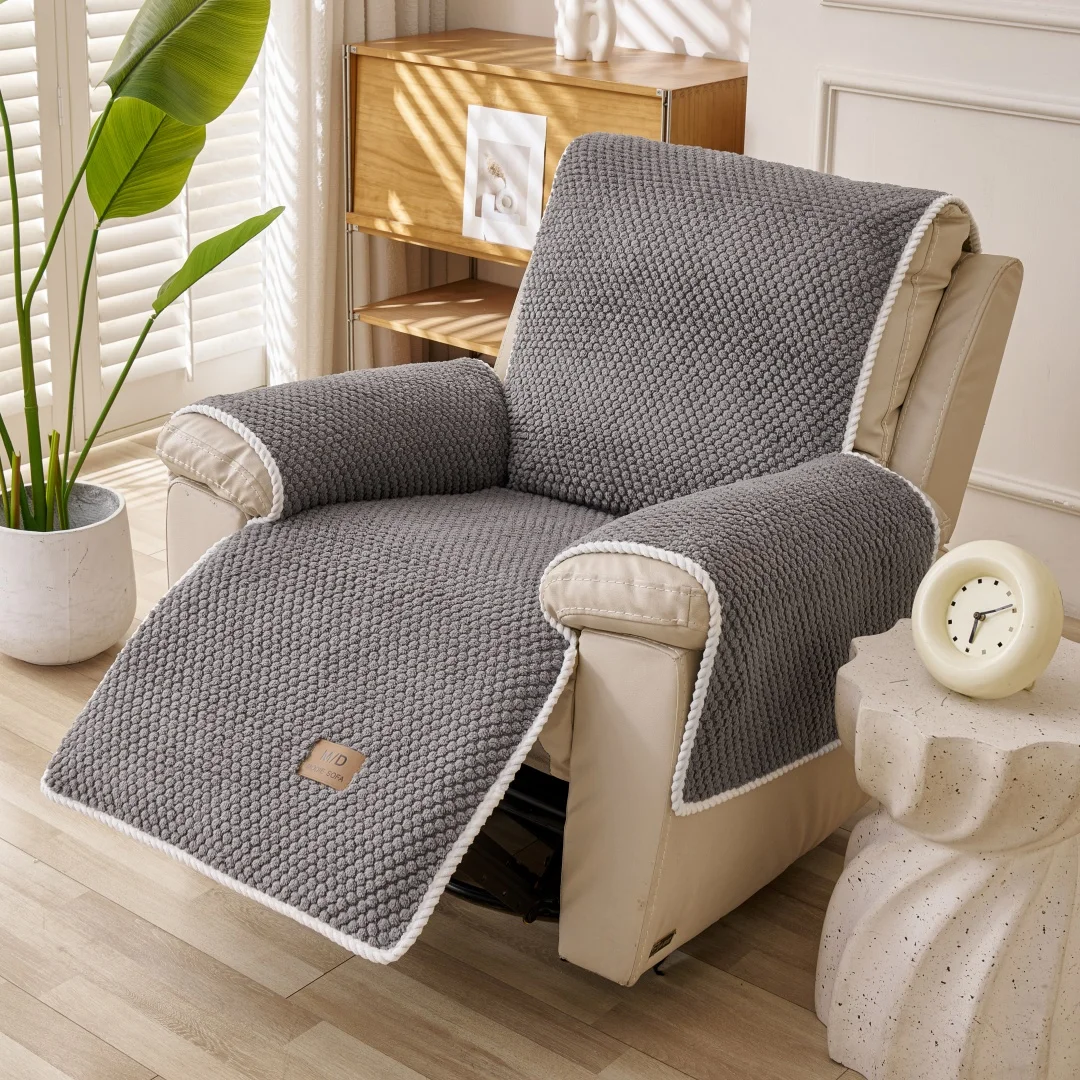 Solid Warm Tuffed Fleece Non-Slip Recliner Chair Cover with PU label Decor Machine Washable Pet Friendly Single Seat Sofa Cover