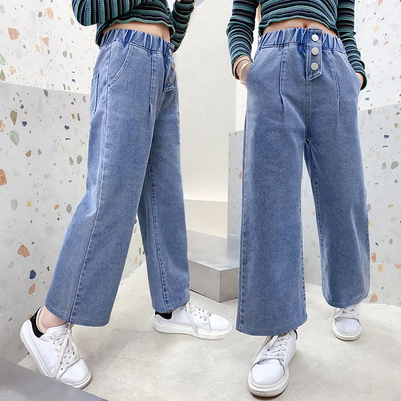 Spring Autumn Teenage Girls Denim Wide Leg Pants Children Trousers New Fashion Girls Jeans 5 6 8 10 12 13 14 Years Kids Clothes