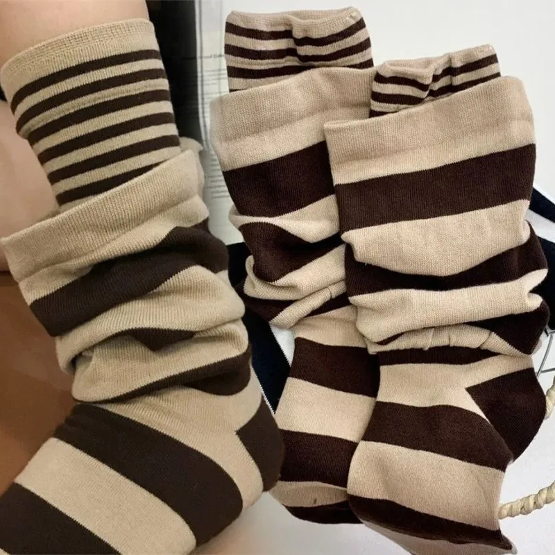 Fashion Y2K Double Layer Splicing Striped Middle Socks Soft Warm Thick Autumn Winter Women's Socks Creative Knitted Stockings