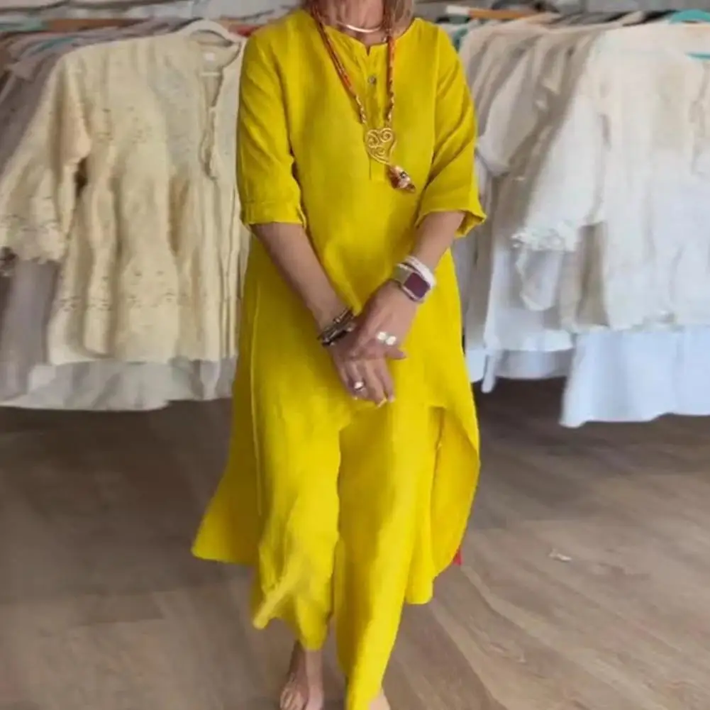 قميص نسائي كتان كاجوال وبنطال ساق واسعة ، بلوزة بأكمام طويلة ، بنطلون تنحنح غير منتظم ، ملابس الموضة ، طقم بدلات 2