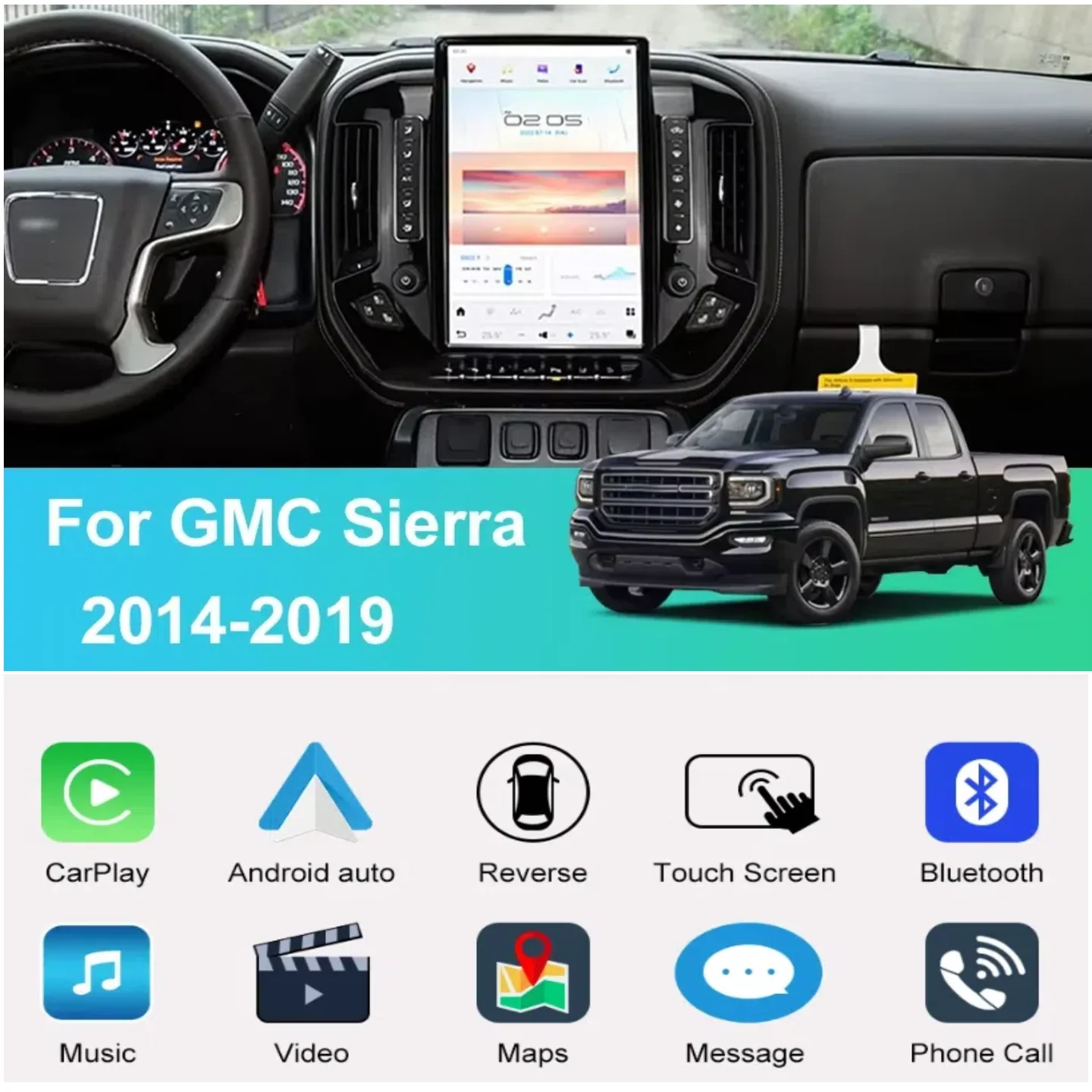 Radio de coche con pantalla táctil Android 14 para Chevrolet Silverado GMC Sierra 2014-2020 CarPlay Android Auto Bluetooth 4G GPS Stereo