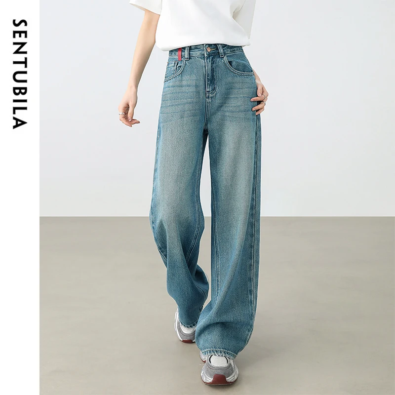 SENTUBILA Womens Cotton Jeans Pants 2025 Spring Fashion Straight Vintage Denim High-waist Full-length Pockets Trousers W51N58827