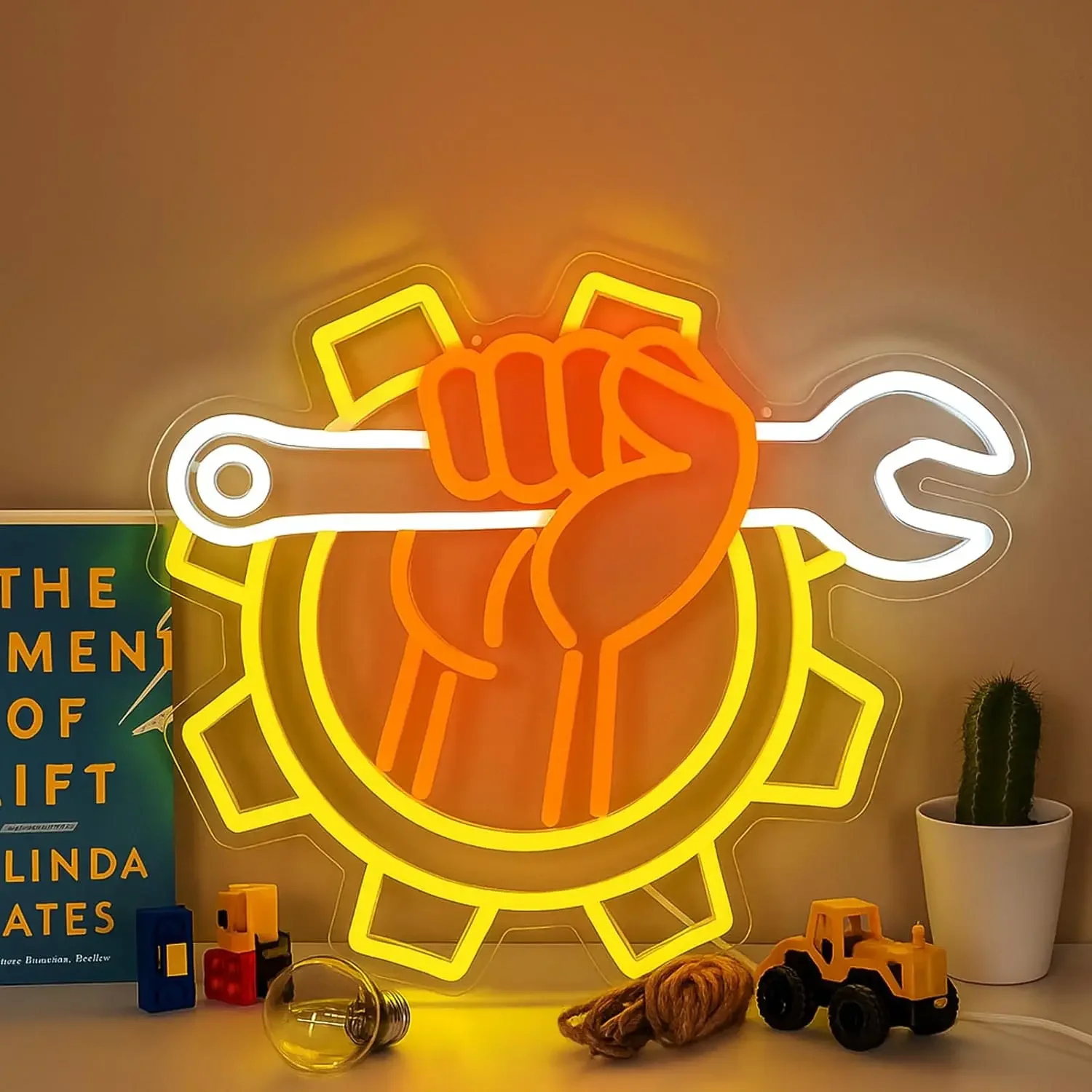 Mechanic Gear Neon Sign LED Wall Art Fist Wrench Glow USB Powered Dimmable Acrylic Lamp Garage Workshop Man Cave Decor