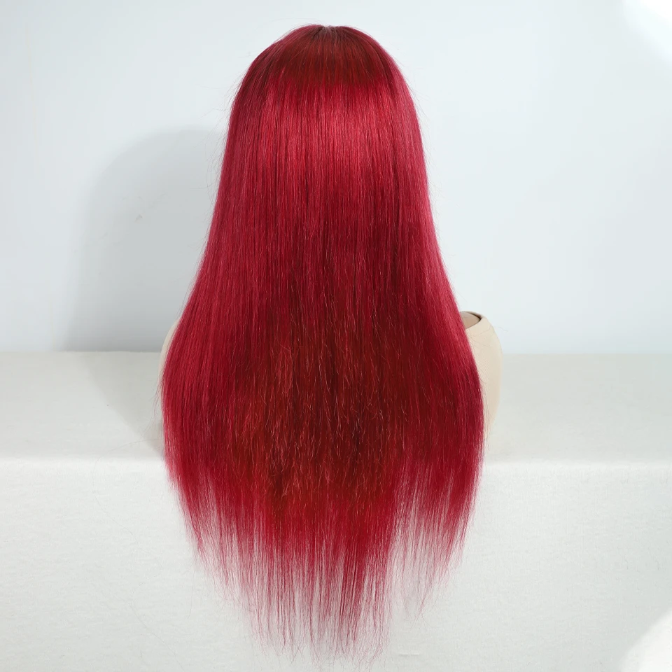 Sleek Burgury Red Staright Wigs With Bangs Human Hair Wig Easy to Go Color Wig Peruvian Straight Human Hair Wigs with Bangs