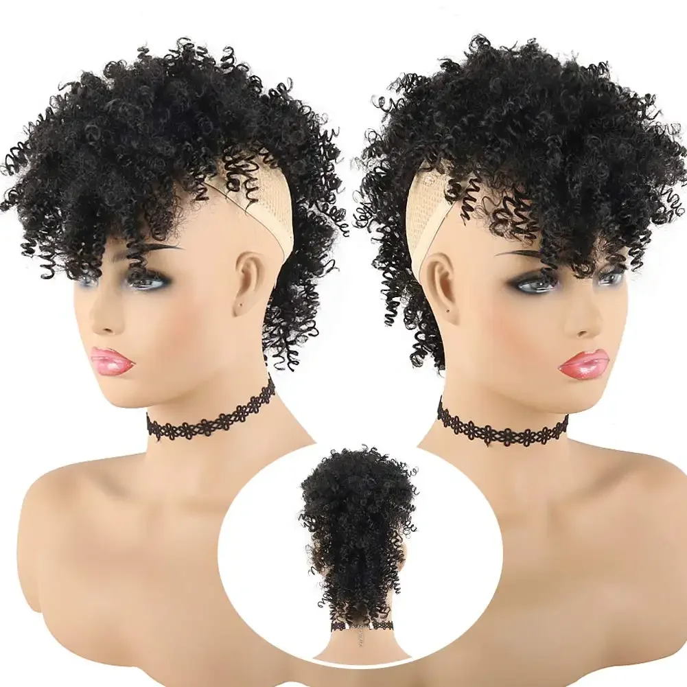 Tereshar Afro High Puff Synthetic Ponytail with Bangs Short Kinky Curly Ponytails Mohawk Ponytail Bun with Bangs for Black Women