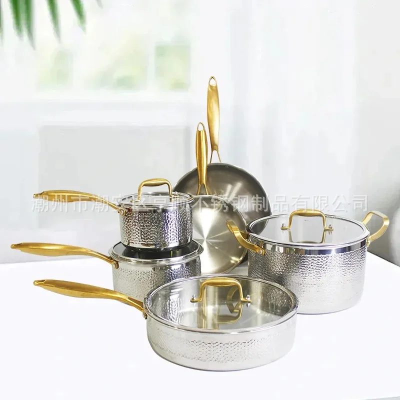 304 Three Layer Steel Hammer Pattern Set Non-stick Pan Uncoated Soup Pot Frying Pan Kitchen Practical Gift Pan Cookware