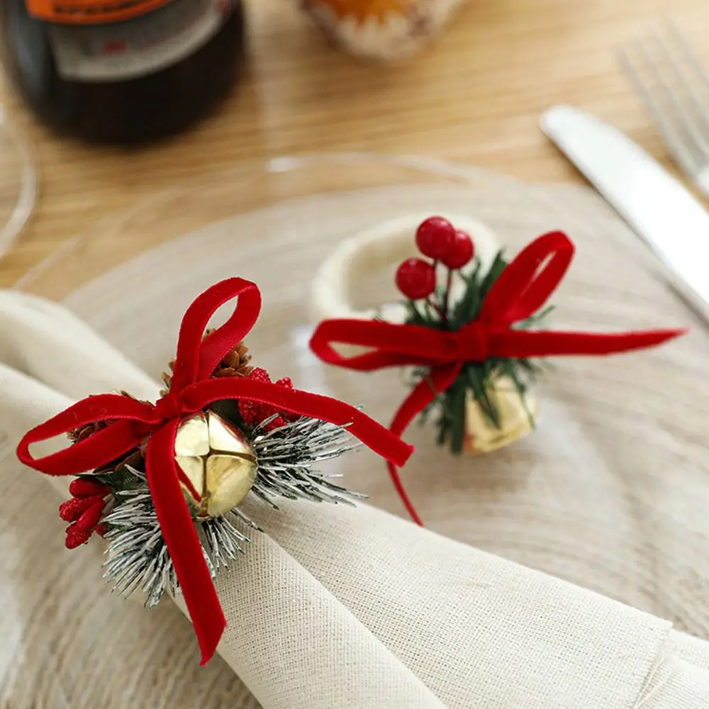 Bowknot Christmas Bell Napkin Ring Festive Elegant Woven Handmade Napkin Ring with Red Fruit Pinecone Christmas Table Decoration