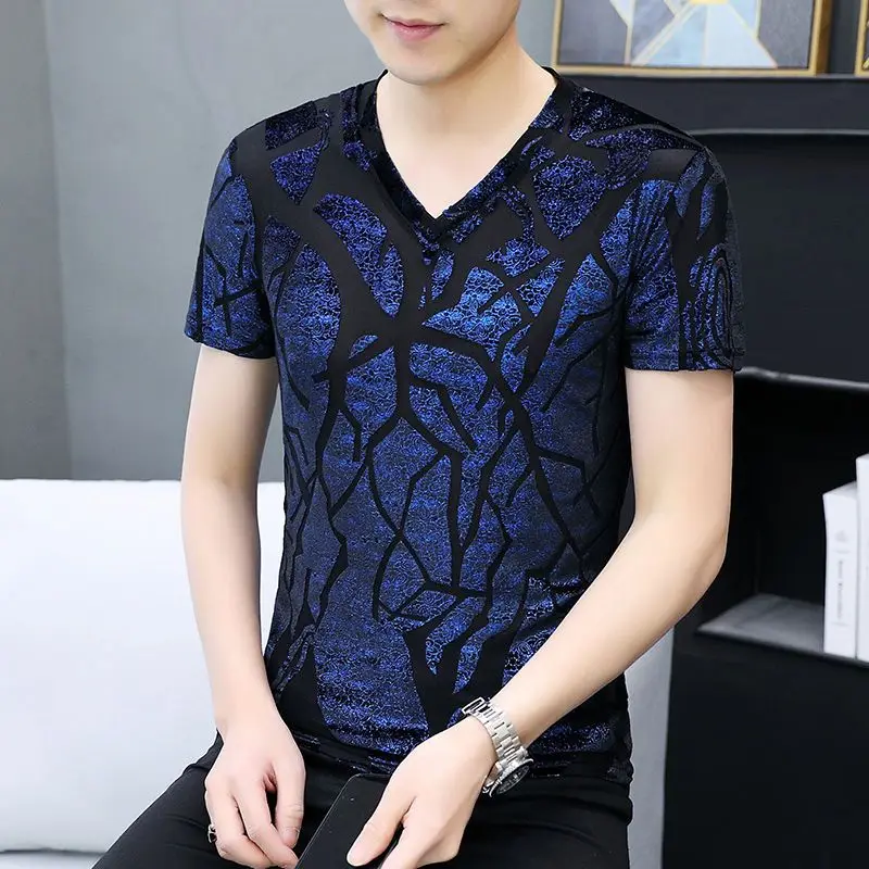 Summer Hollow Breathable T Shirt For Men Quality Short Sleeved Korean Style Casual Slim Velvet Elastic Luxury Camiseta masculina