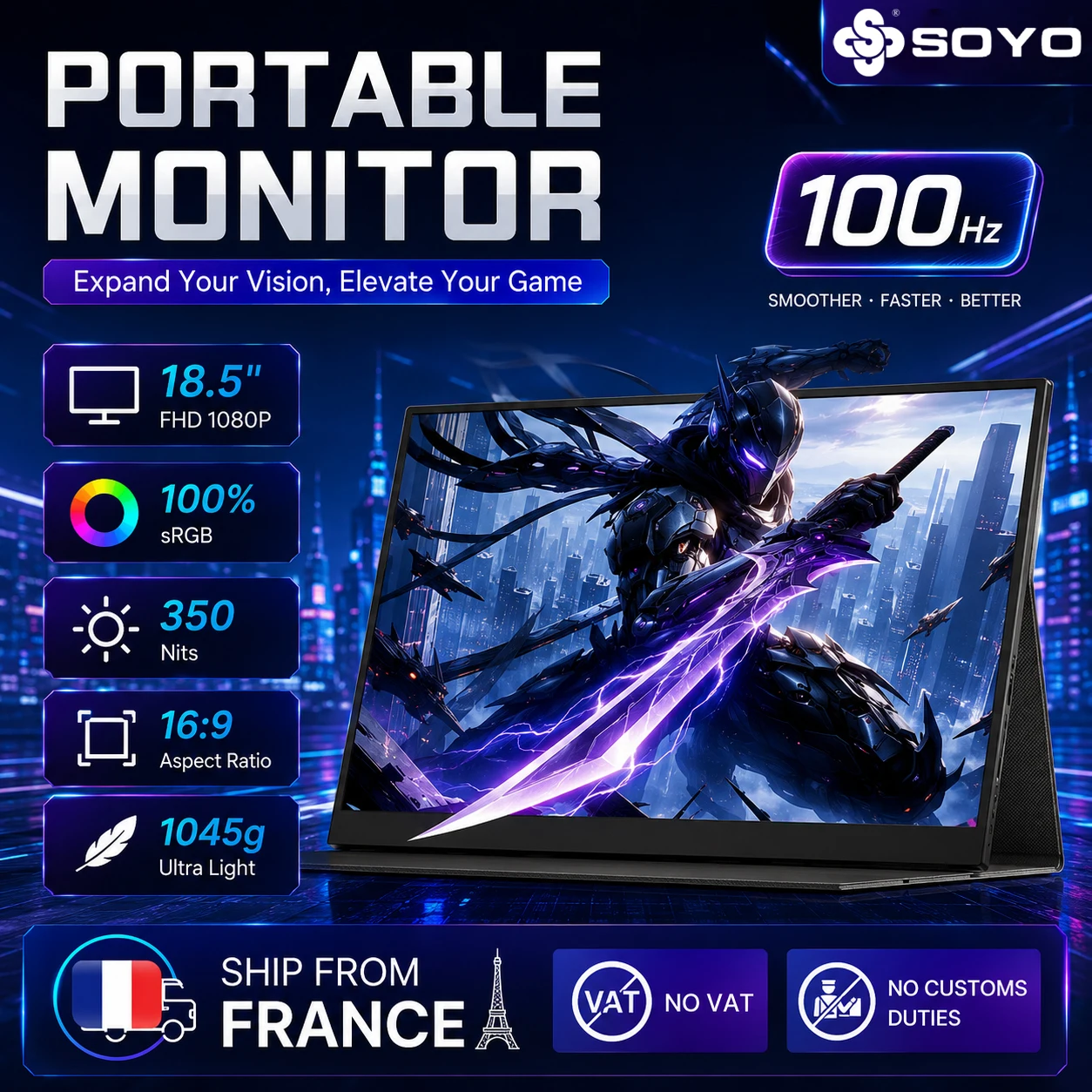 SOYO Moniteur de jeu portable IPS FHD 1920x1080 pixels, 18,5 pouces, SY18FN100, 100Hz, rapport de taille 16:9, boîtier intégré, écran externe HDMI USB C pour PC Xbox PS5