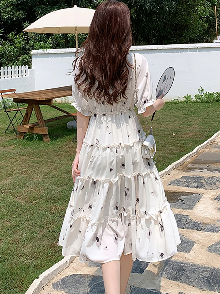 2025 White Chiffon Foral Chic Ruffled Casual Long Dress Summer Boho Elegant Holiday Dress Women Korean Bodycocn One Piece Dress
