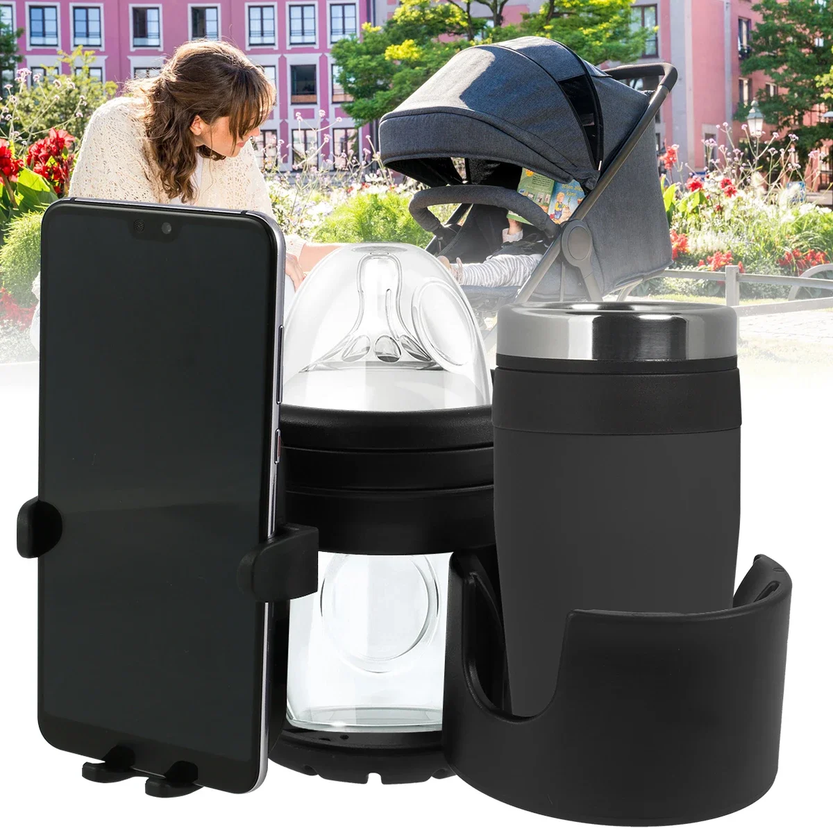 Portavasos para cochecito, soporte Universal para botella de agua para cochecito 360 °   Soporte giratorio para teléfono, organizador de coches de bebé de doble orificio, estante para tazas