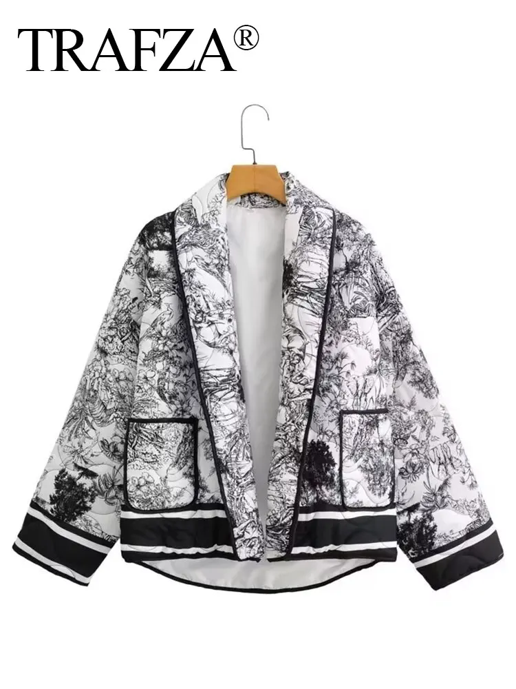 TRAFZA 2024 Woman Print Winter Coat Long Sleeves Loose Cardigan Jacket Female Warm Pockets Wild Women\'s Outercoat Streetwear