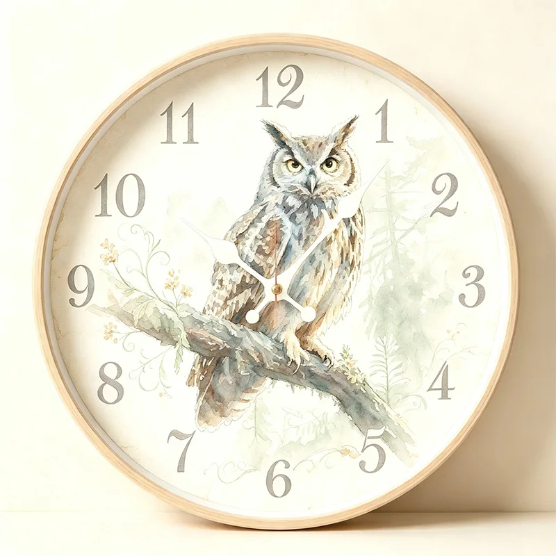 Retro Watercolor Wild Owl Round Wall Clock Non Ticking Quartz Hanging Clock Light Pastoral Forest Wildlife Painting Wall Ornament Indoor Home Decor