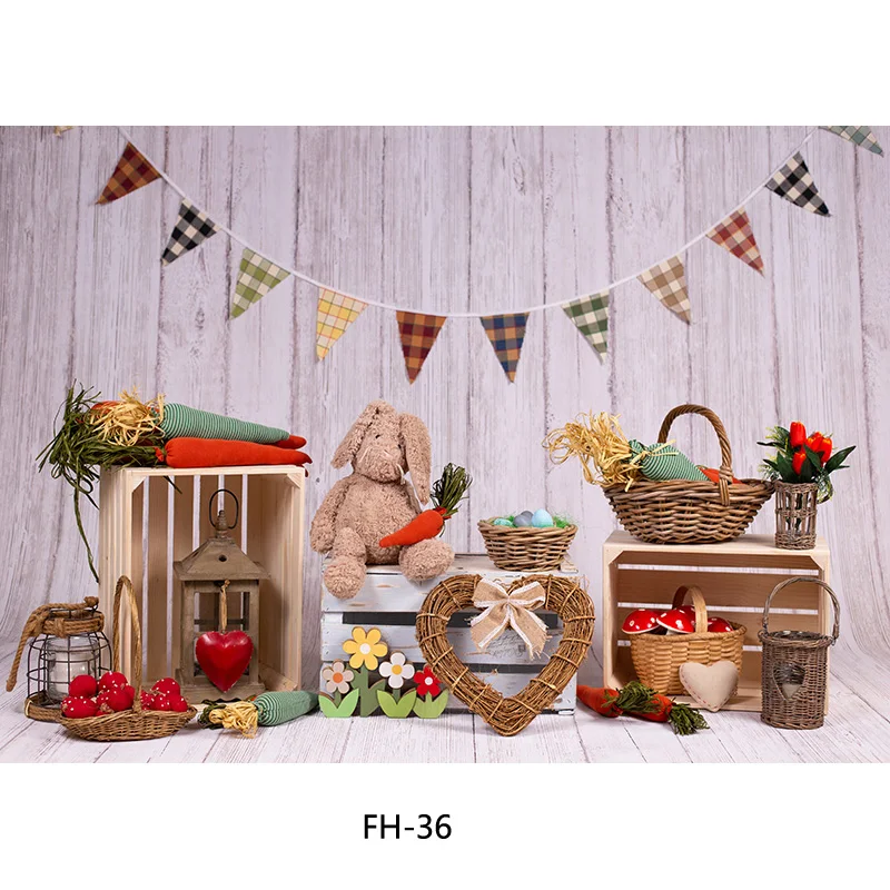 SHENGYONGBAO Spring Easter Photography Backdrop Rabbit Flowers Eggs Wood Board Photo Background Studio Props FH-56