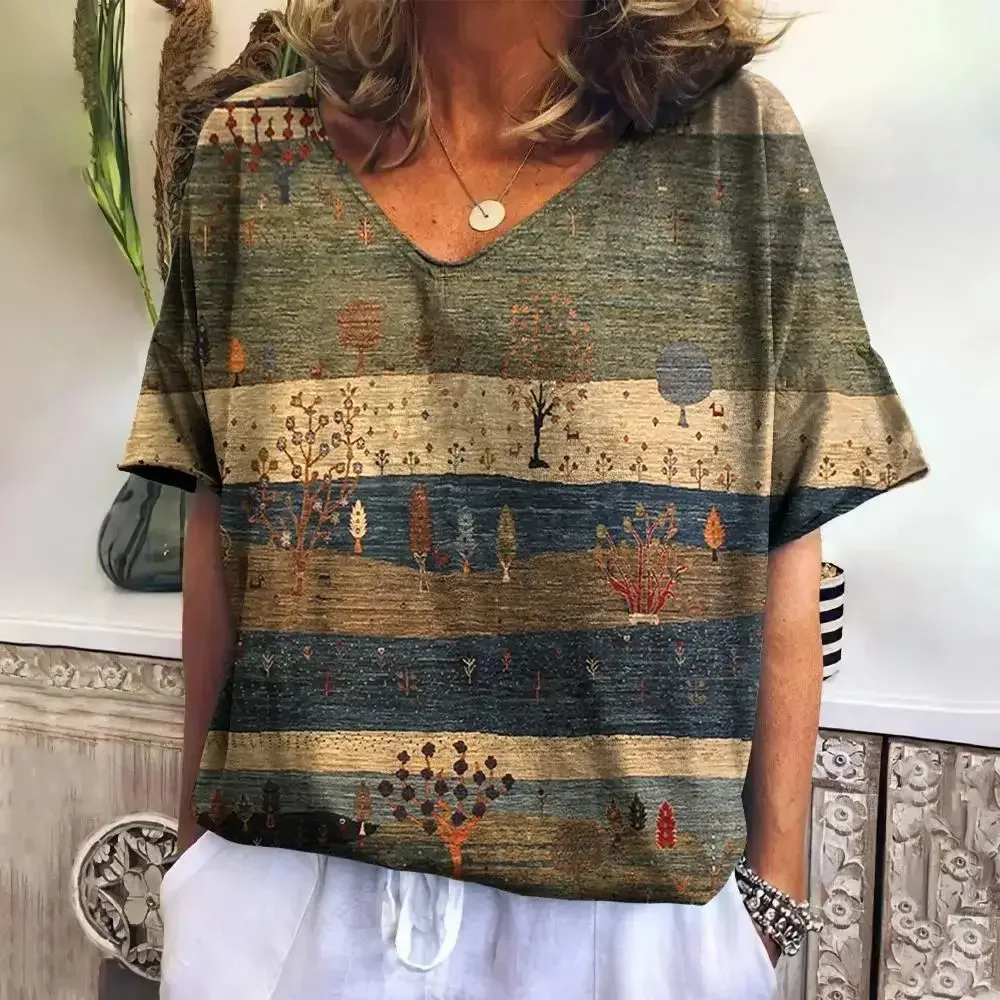 الصيف منقوشة الخامس الرقبة تي شيرت للنساء عادية البلوز جديد تيز Harajuku الملابس فضفاضة قصيرة الأكمام بلوزة بلوزات الإناث الموضة #5