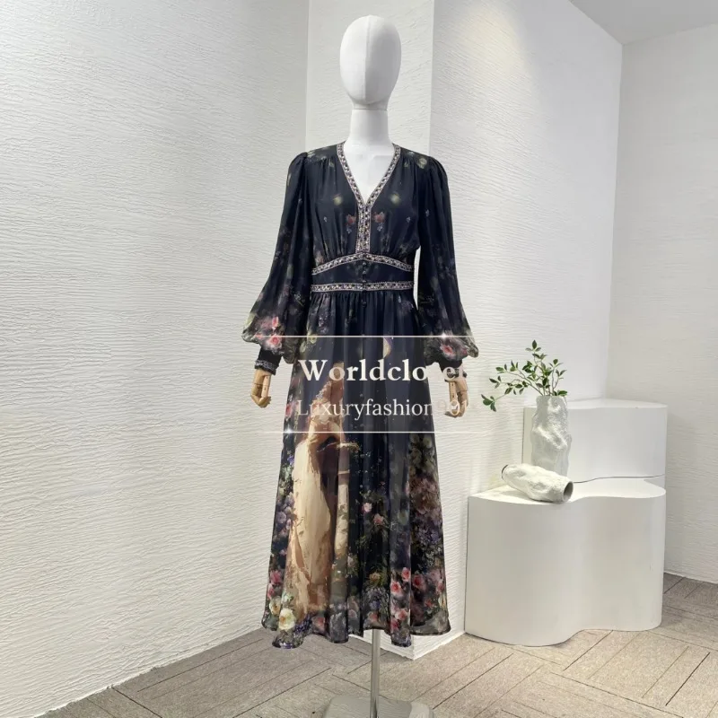 

Black Rose Girl Print Long Sleeve Pleat Midi Dress 2025 Silk