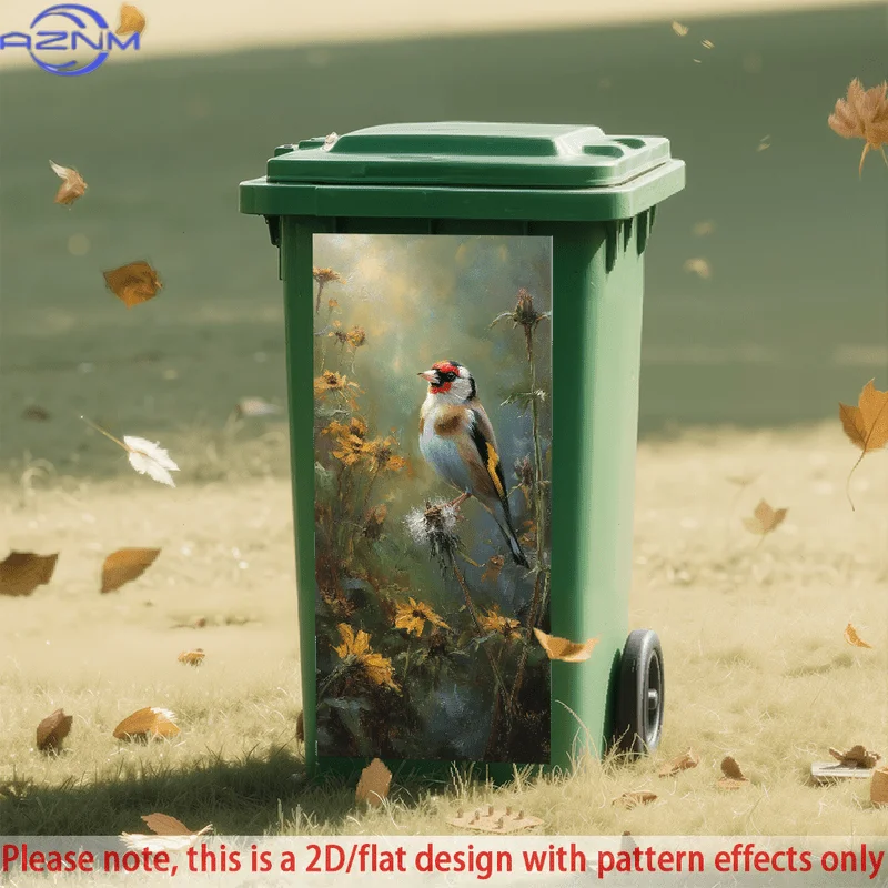 Self-Adhesive PVC Decorative Sticker Featuring a 2D/Flat Design of a Goldfinch in a Flower Field, Perfect for Use on Trash Can