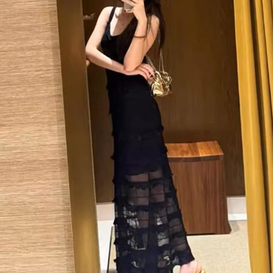 

Lace Hollow Perspective Long Knitted Suspender Dress 2024 Summer