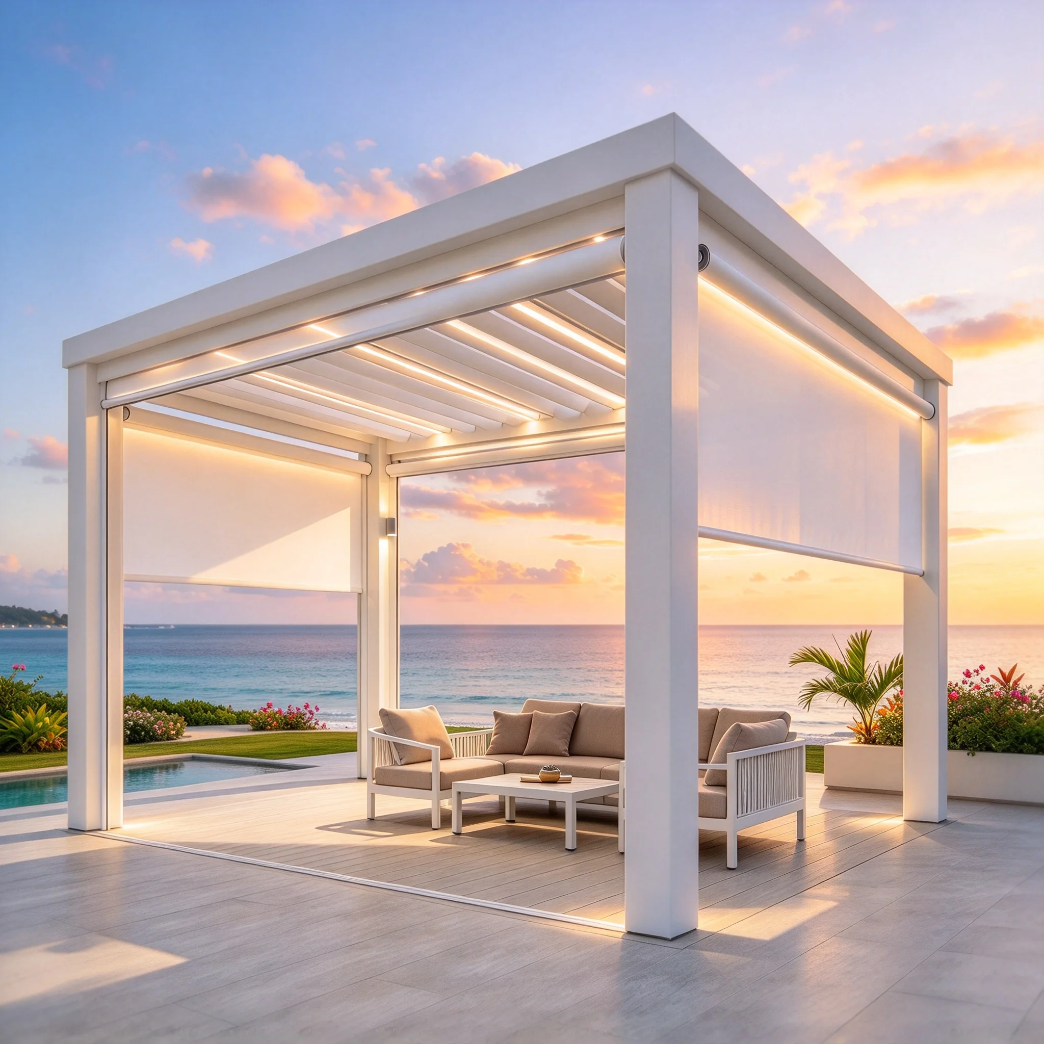 Motorized Pergola En Aluminum Bioclimatic Gazebo with LED Lights Louvered Roof Glass Sliding Doors Patio Gazebo Pergola