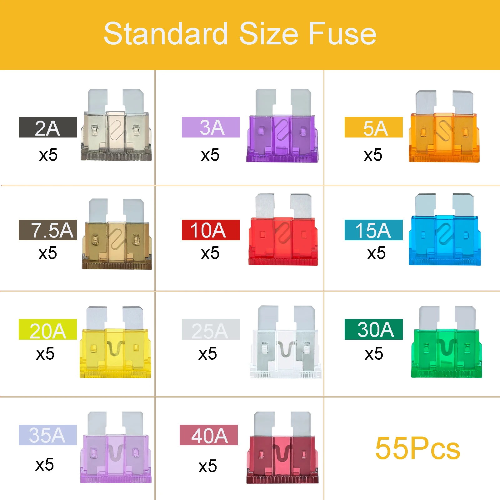 50Pcs Car Fuses Standard / Mini / Micro Blade Fuse Automotive 2A 3A 5A 7.5A 10A 15A 20A 25A 30A 35A Full Size for Fuse Block Box