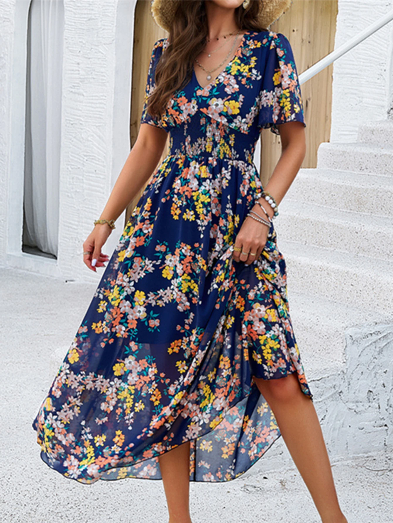 

Floral Printed Long Dress Women Summer Vintage Boho Dress Ladies Sexy V Neck Short Sleeved Beach Sundress A Line Casual Vestidos