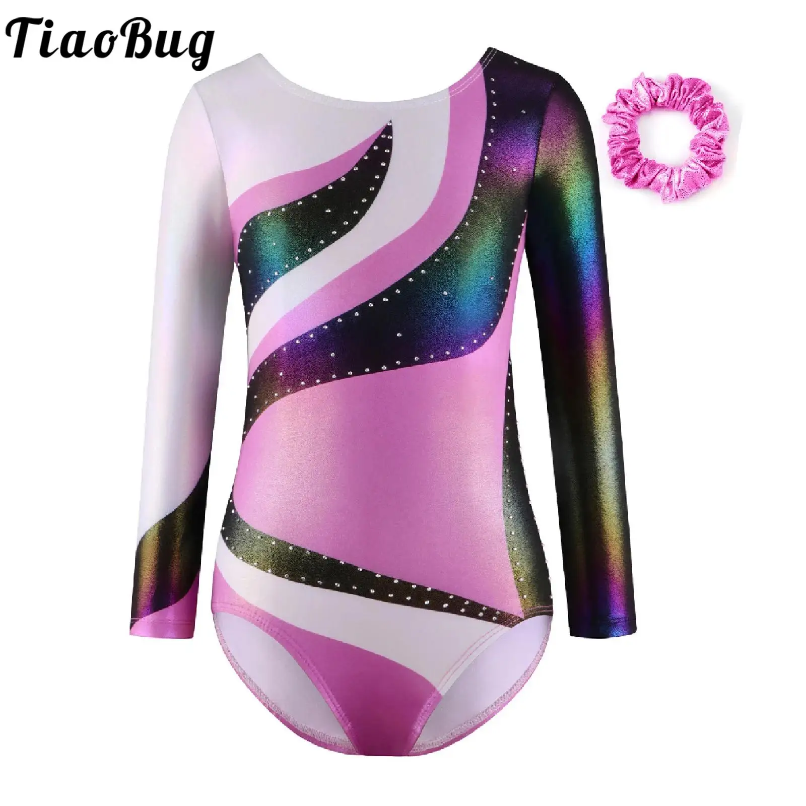 

Kids Girls Gymnastics Dance Performance Costume Rhinestones Decorated Metallic Contrast Color Long Sleeve Leotard with Hair Band