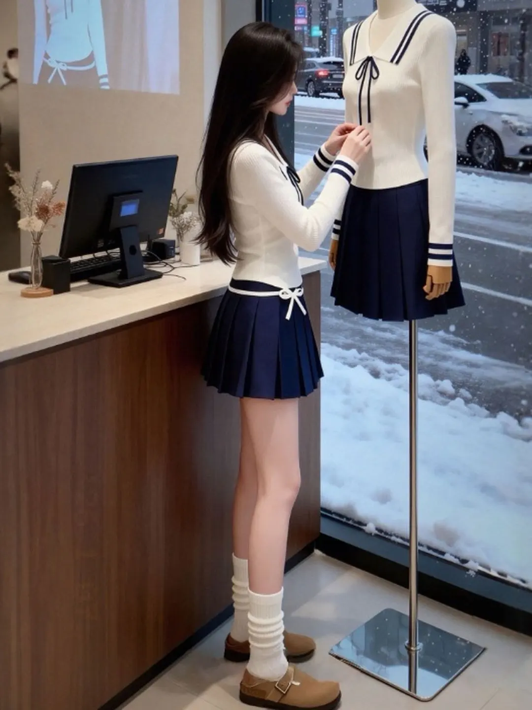 

Корейский вязаный комплект из топа и юбки: удобный весенний модный костюм-двойка с короткой юбкой с высокой талией и длинными рукавами, круглый вырез горловины