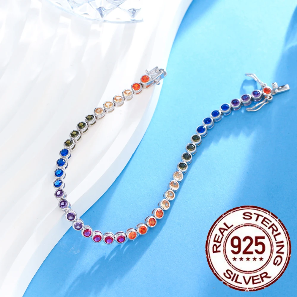 CWWZircons 925 Sterling Silver Chain Link Bracelets for Women Classic 3mm Multicolor Cubic Zircon Engagement Party Jewelry SB002