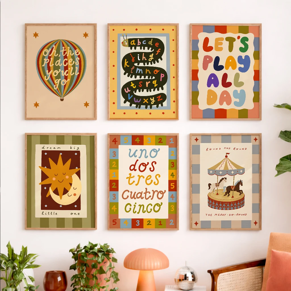 Set of 6 Vintage Kids Hot Air Balloon Alphabet Caterpillar Lets Play Carousel Vintage Sun Moon Canvas Poster Wall Art Prints