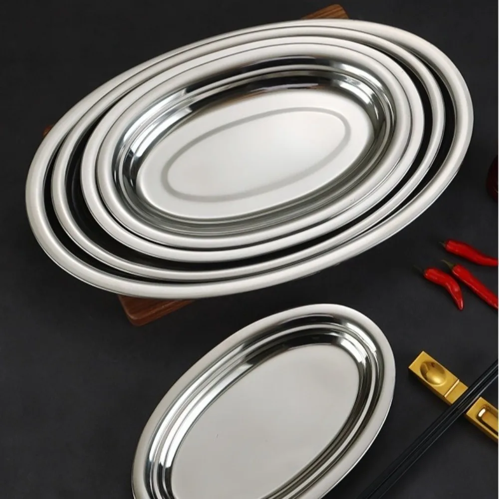 New Korean Style Steamed Fish Plate Stainless Steel Oval Shape Dining Plate Flat Surface Gold Silver Barbecue Plate Kitchen Use